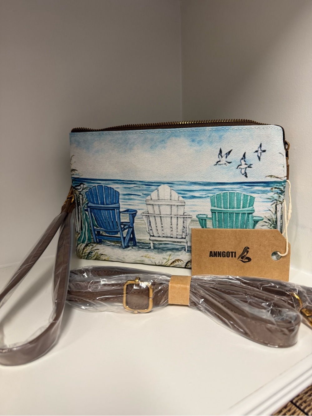 Coastal Beach Crossbody Bag Wristlet Summer Blue Green Canvas Seaside Clutch NWT - Picture 1 of 8